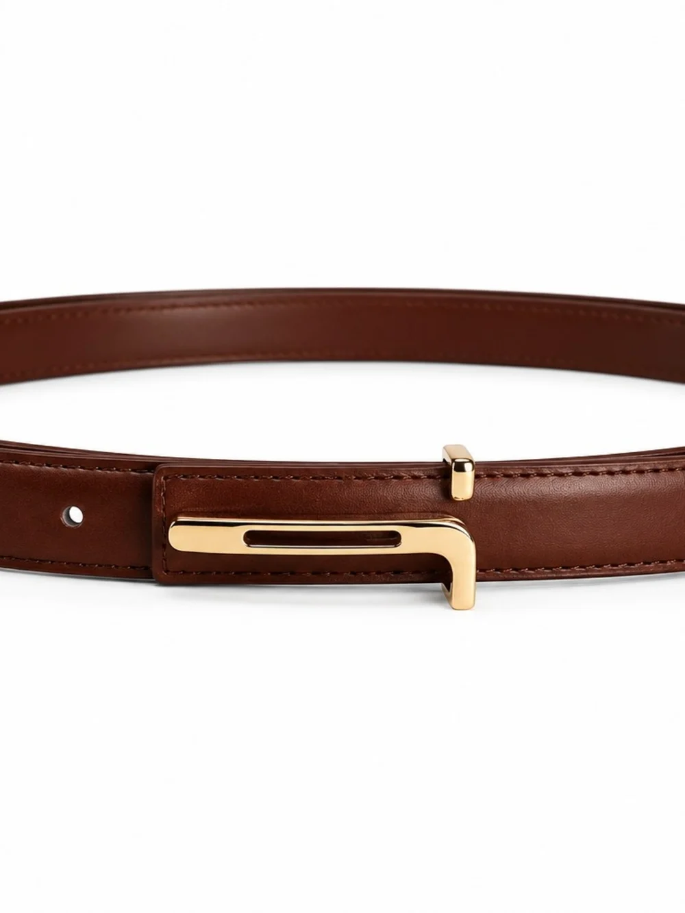 Dark Brown Leather Belt with Gold T-Bar Buckle